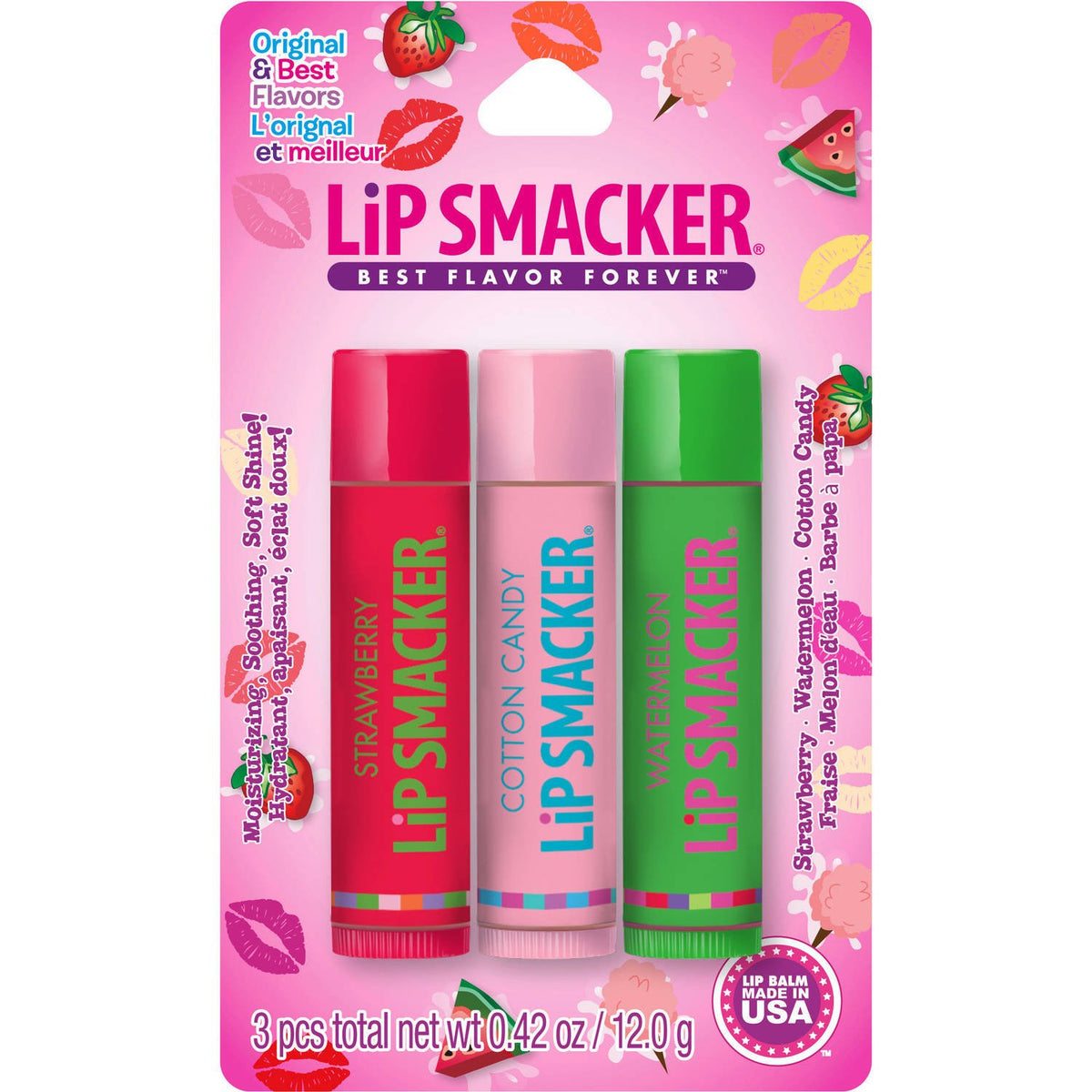 Lip Smackers Flavored Lip Balm Trio - Moisturizing Strawberry, Watermelon, Cotton Candy