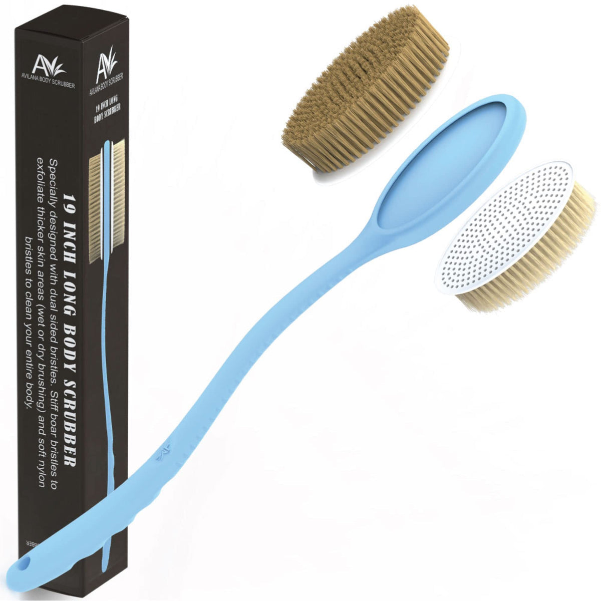 Avilana 19&quot; Shower Body Brush With Curved Silicone Handle & Replaceable Bristle Pads - Blue