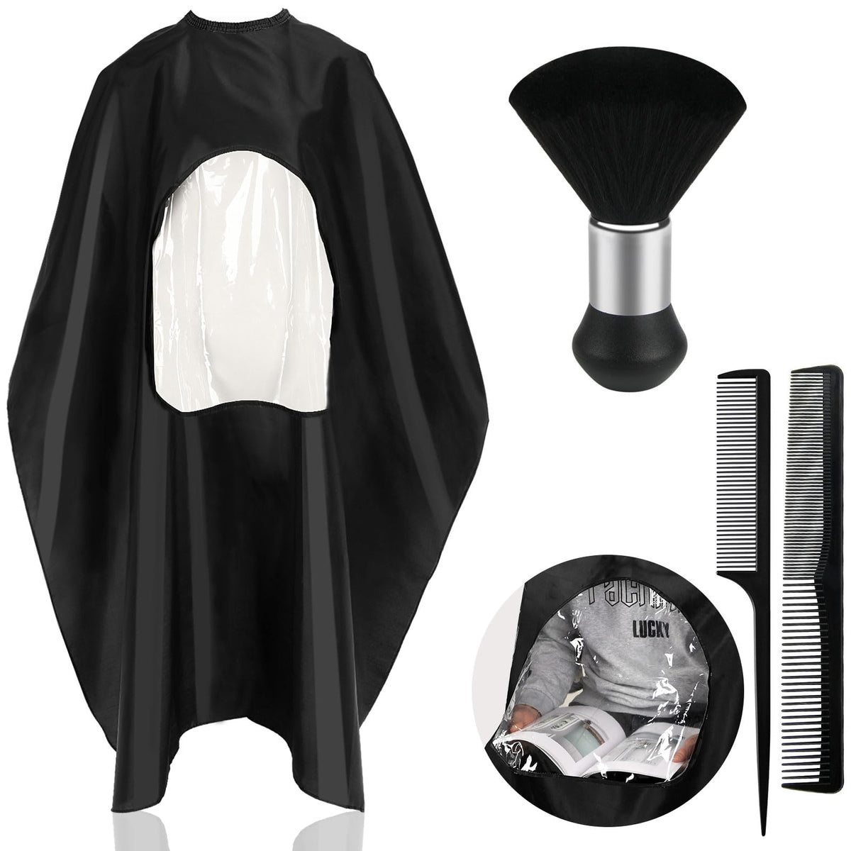 Febsnow Professional Black Barber Cape With See-Through Window & Neck Duster Brush, 55&quot;X66&quot;