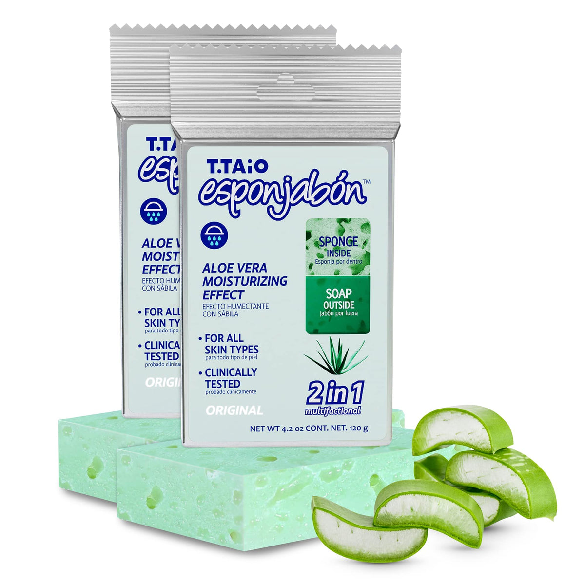 T.Taio Aloe Vera Soap Sponge 2-Pack - Gentle Shower Scrubber For Face, Elbow, & Feet