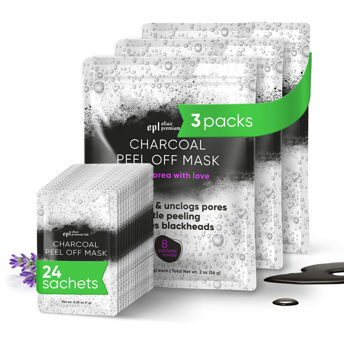 Wonder Family Activated Charcoal Face Masks 3 Pack - Korean Peel Off Skin Care, 24 Sachets