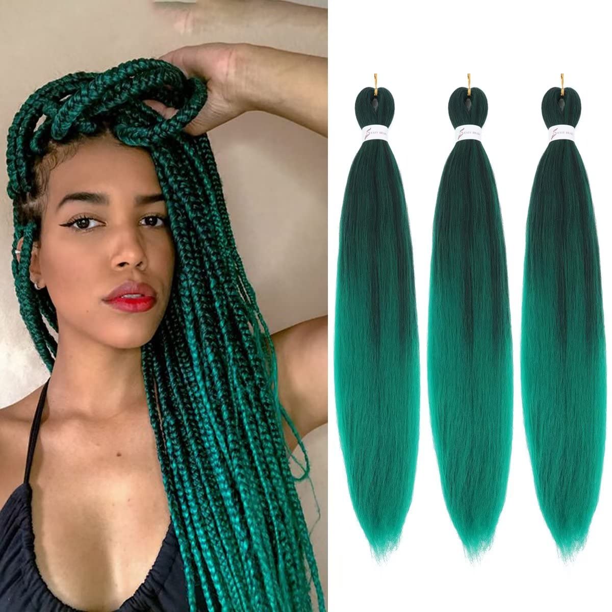 Alremyssy Ombre Green Pre-Stretched Braiding Hair, Yaki Texture, 26 Inches, 3Pcs