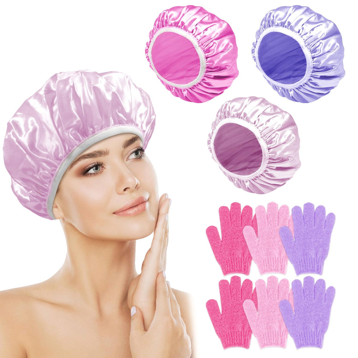 My Novel Things Reusable Waterproof Shower Cap Set With Exfoliating Bath Glove - Pink/Purple