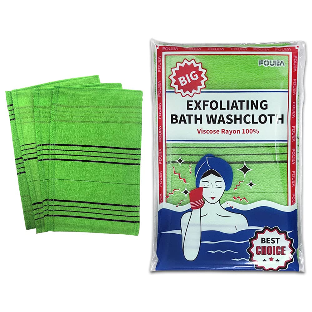 Fouba Asian Exfoliating Bath Washcloth - Large Green (4 Pcs), Rayon Material For Smooth Skin