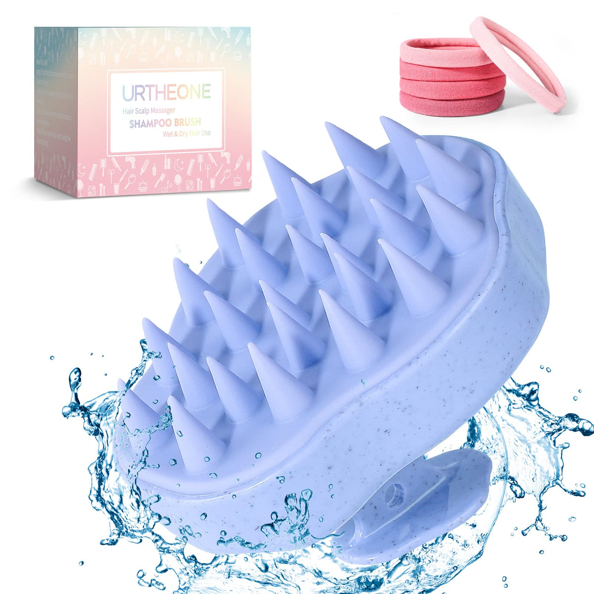 URTHEONE Shampoo Brush - Soft Silicone, Scalp Massage, Hair Growth, Includes 5 Hair Ties, Blue