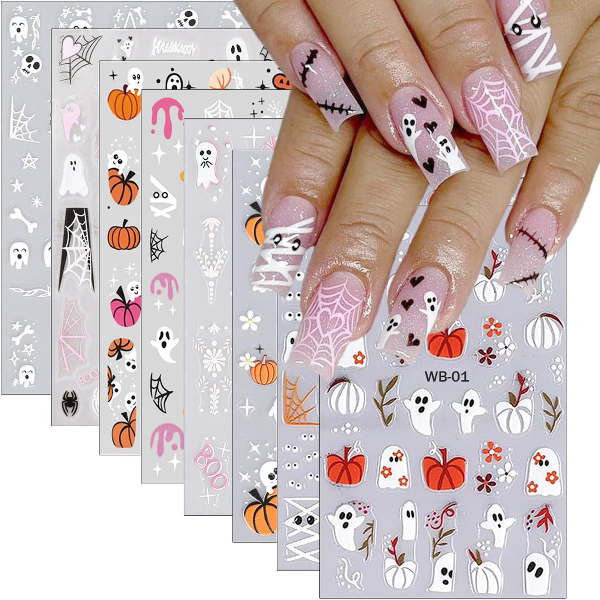 Bmkkot 8Pcs Halloween Nail Stickers - 3D Ghost, Pumpkin, Bat & Skull Decals For Nail Art