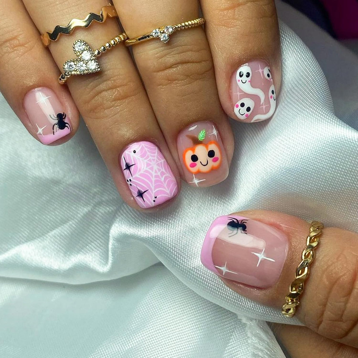 Ocouyvd Halloween Pink Press On Nails - Cute Ghost & Pumpkin Designs, Short Square Acrylic Full Cover