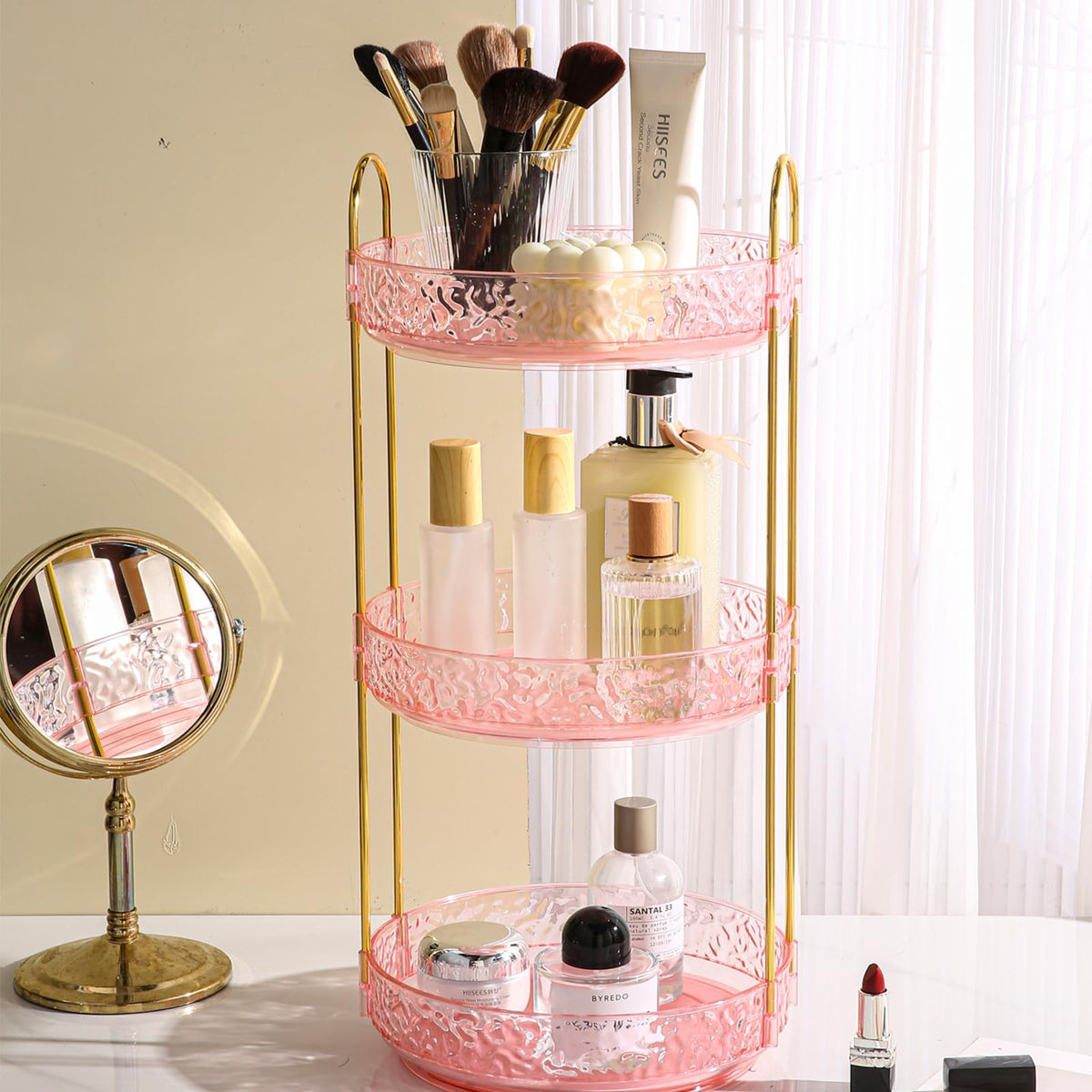 Fangoo Pink 3-Tier Rotating Makeup Organizer - 360° Spinning Skincare & Perfume Storage