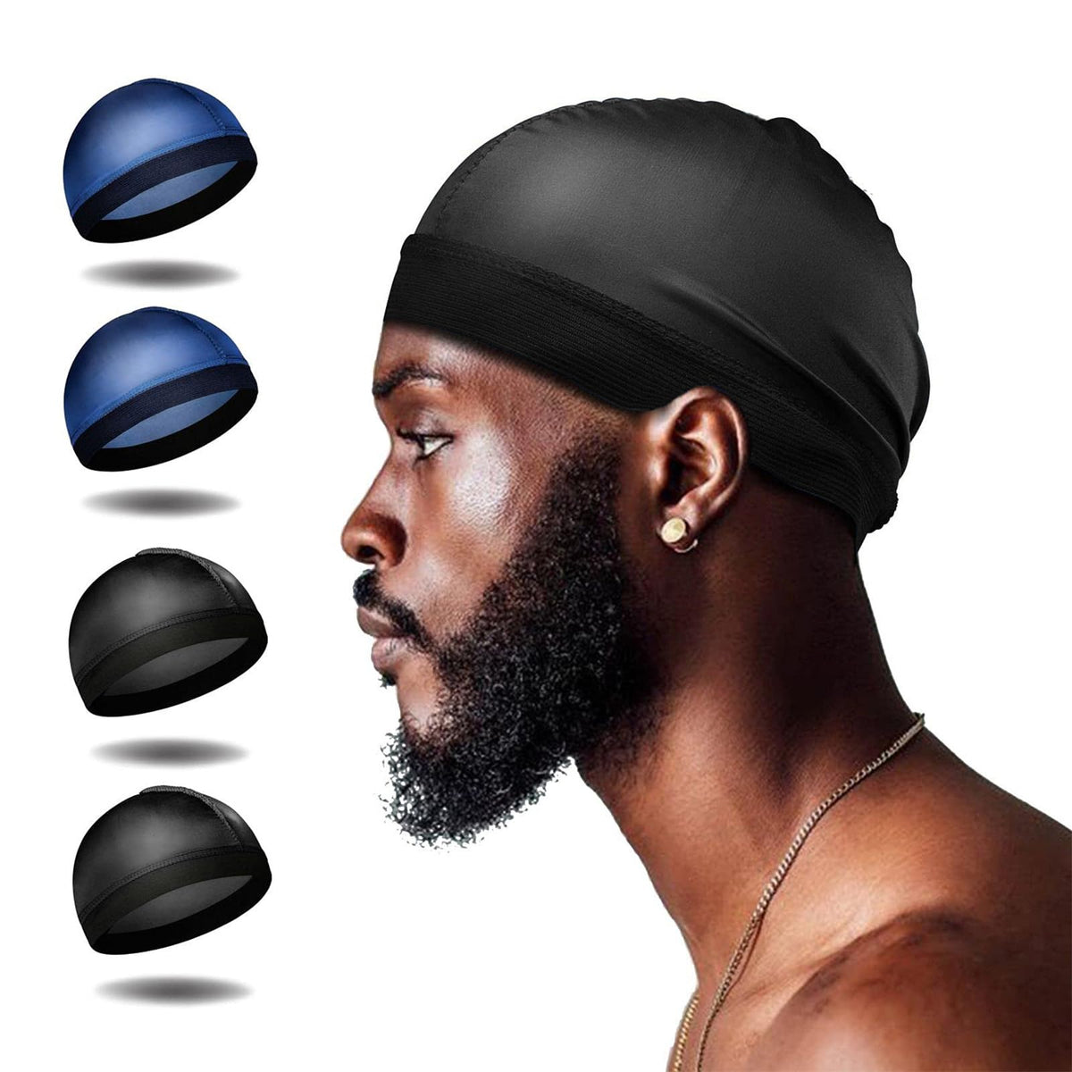 Selalu 4Pcs Silk Wave Caps for 360 Waves, Durag Set (2 Blue, 2 Black) - Satin Material