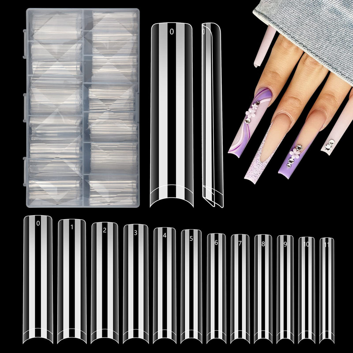 Lionvison 504Pcs Clear 3Xl Tapered Square Nail Tips For Acrylic Nails - 12 Sizes