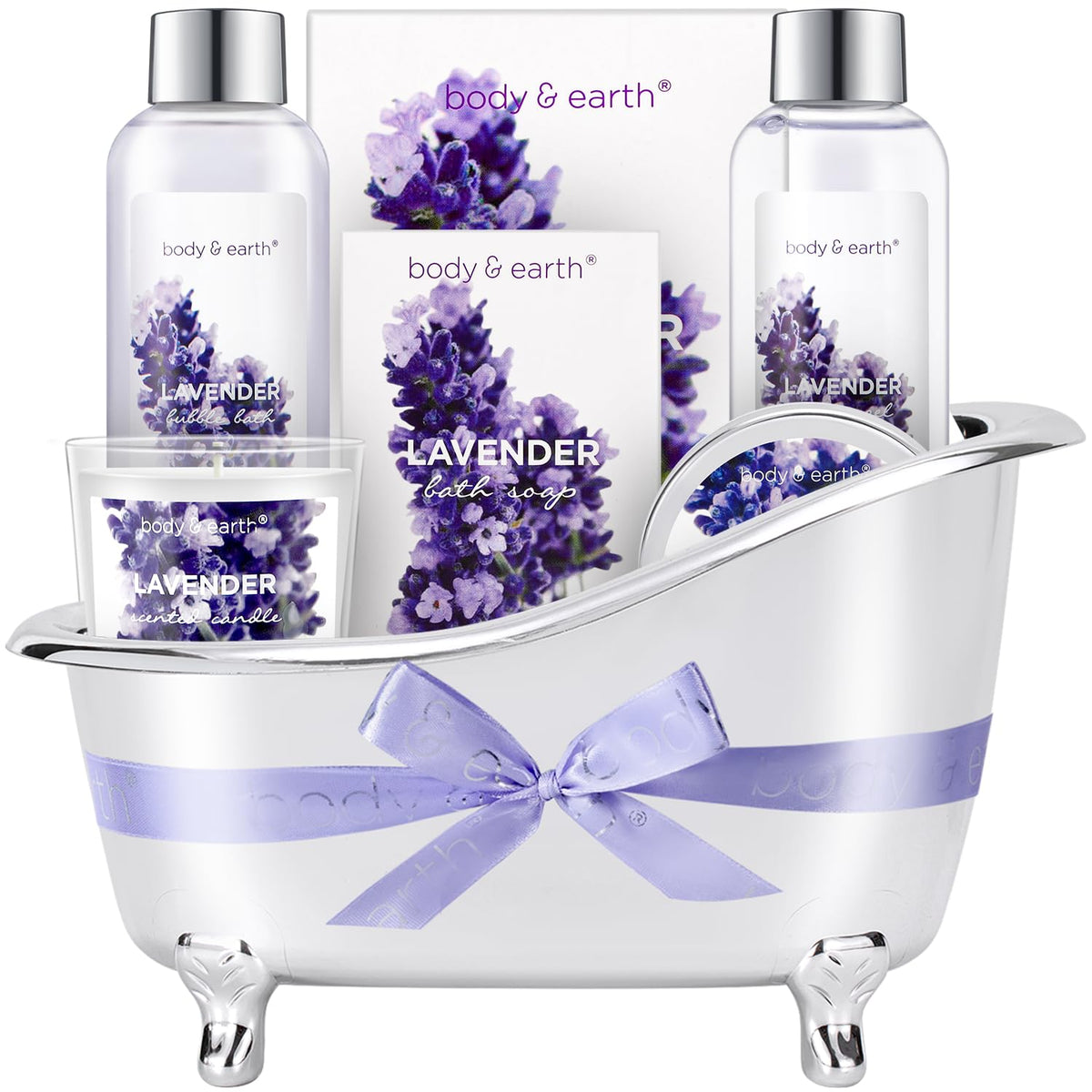 Body & Earth Lavender Gift Set For Women - 7 Piece Bath Set With Bubble Bath & Candle