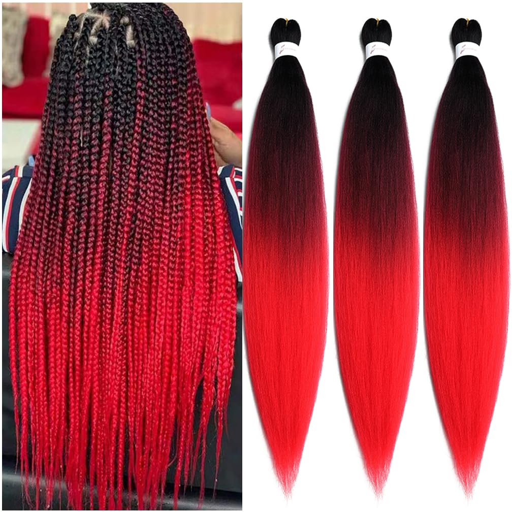 Balinghair 28 Inch Pre Stretched Kanekalon Braiding Hair Ombre Black To Red - 3 Packs