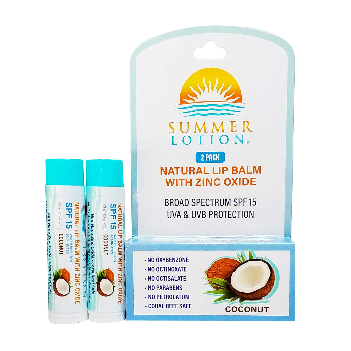 Summer Lotion Natural Lip Balm With Zinc Oxide Spf 15, 2-Pack Coconut Lip Sunscreen