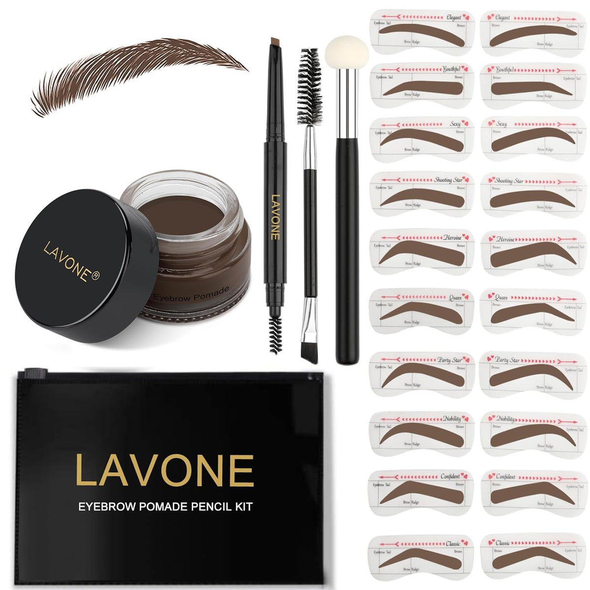 Lavone Eyebrow Stamp Stencil Kit - Dark Brunette, Waterproof Pencil, 20 Stencils, Dual-Ended Brush