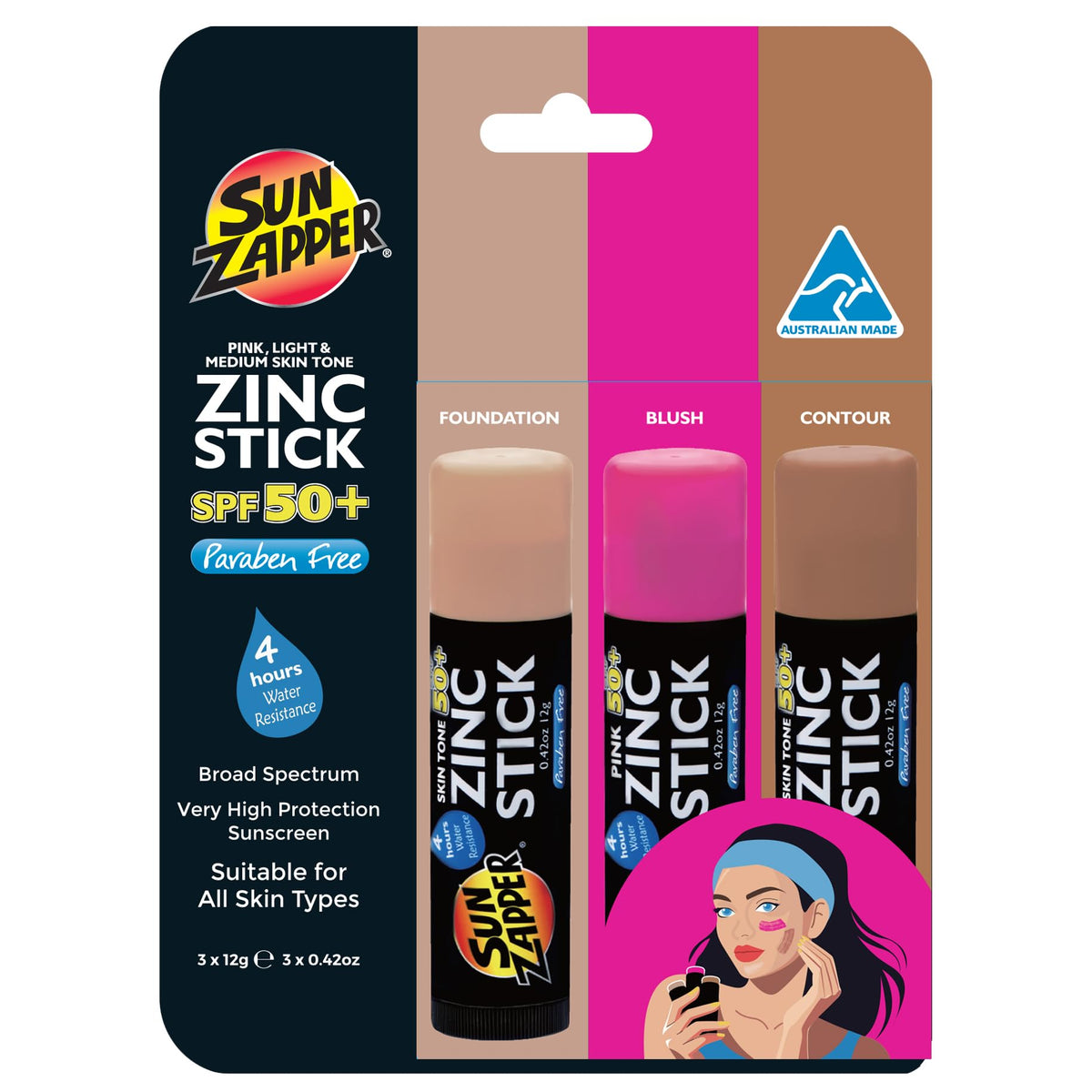 Sun Zapper Spf 50+ Zinc Oxide Sunscreen Sticks - 3-Pack For Light & Dark Skin Tone - Water Resistant