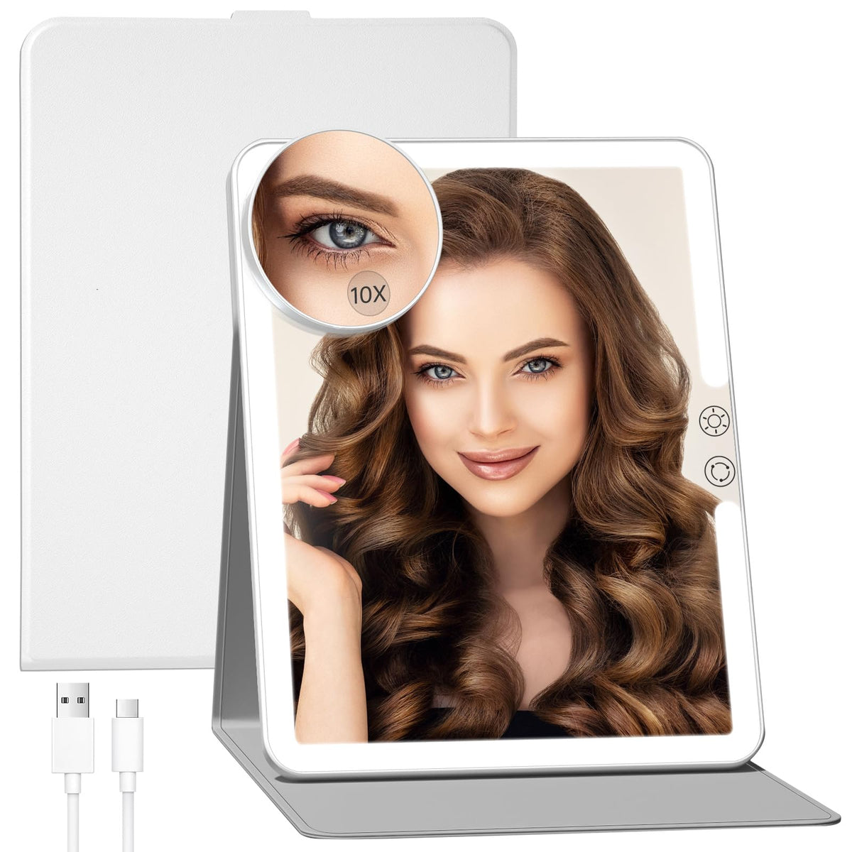 FUNTOUCH 2500mAh Rechargeable Makeup Mirror with Light, 10X Magnification, 3 Modes, White PU Cover