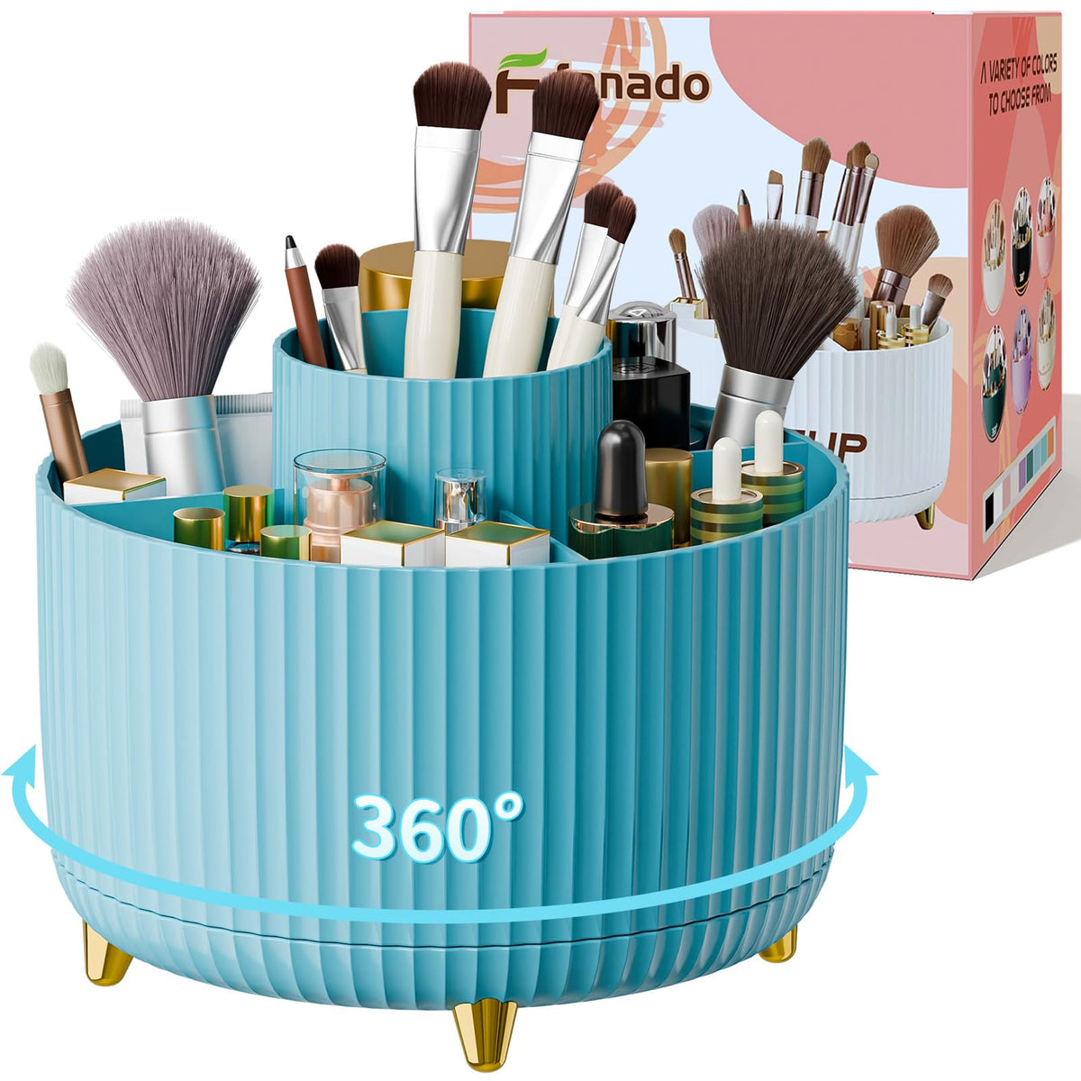 Fanado 360° Rotate Makeup Brush Holder - Blue Makeup Organizer For Vanity & Bathroom Storage