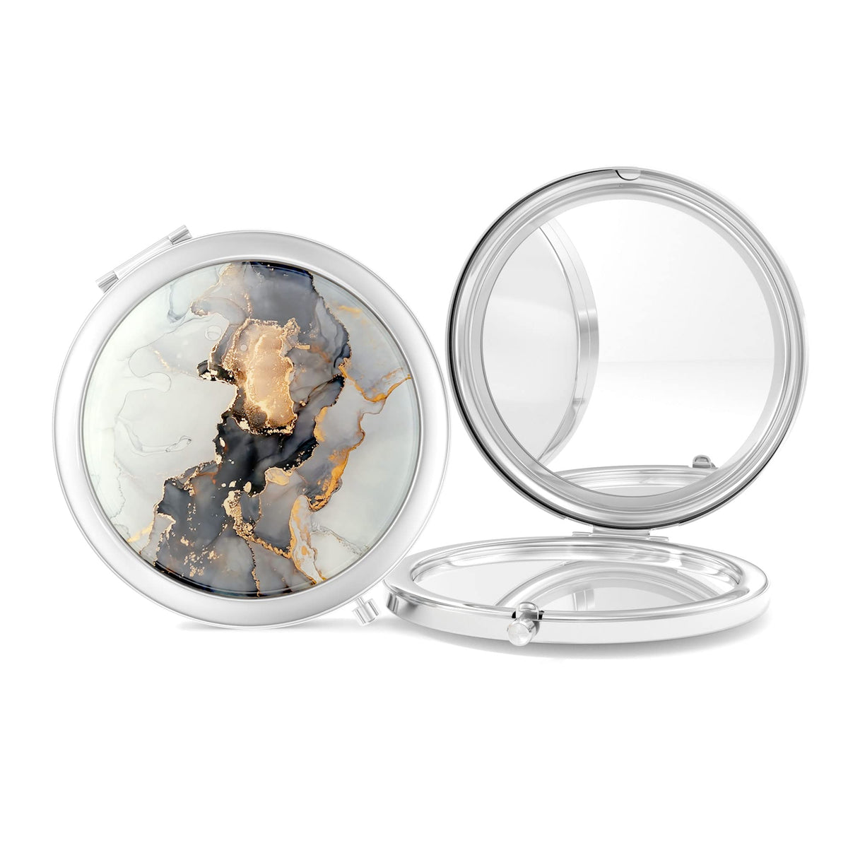 Nipichsha Compact Mirror - 2-Sided 2X/1X Magnification, Portable Makeup Mirror, Silver Marble