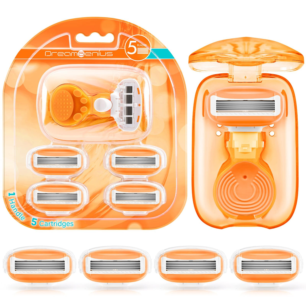 Dreamgenius Travel Razors For Women - 5-Blade Razor Set With Case, Orange