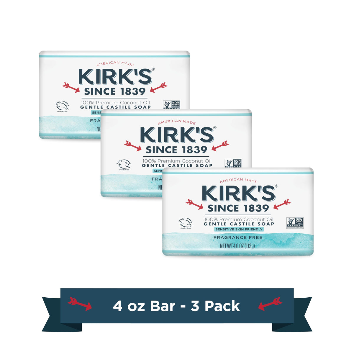 Kirk'S Fragrance Free Castile Bar Soap - 4 Oz, Pack Of 3, Gentle & Eco-Friendly Cleanser