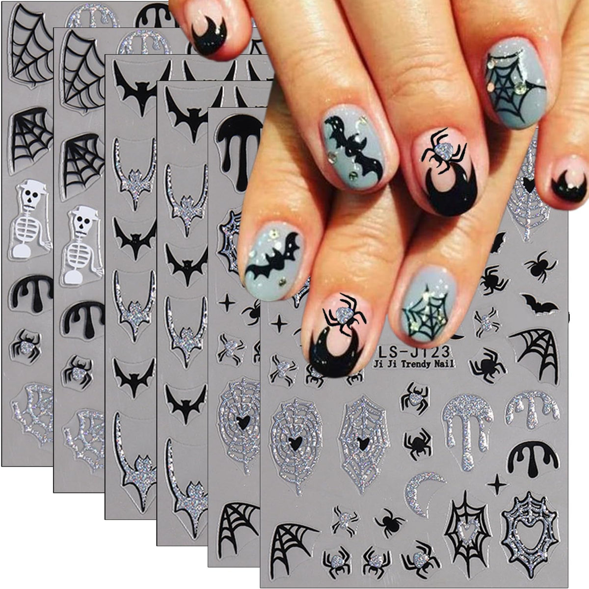 Sutaozhi Glitter Halloween Nail Stickers - 3D Spider Web, Bat & Skull Decals For Nail Art 6Pcs