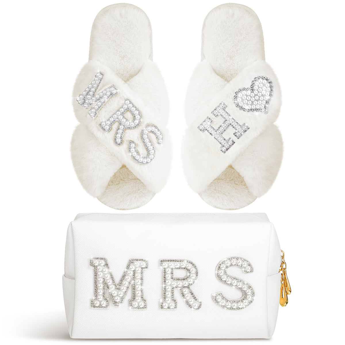 Xtinmee Personalized Mrs Pearl Bride Slippers & Makeup Bag - Wedding Gifts For Bridal Shower