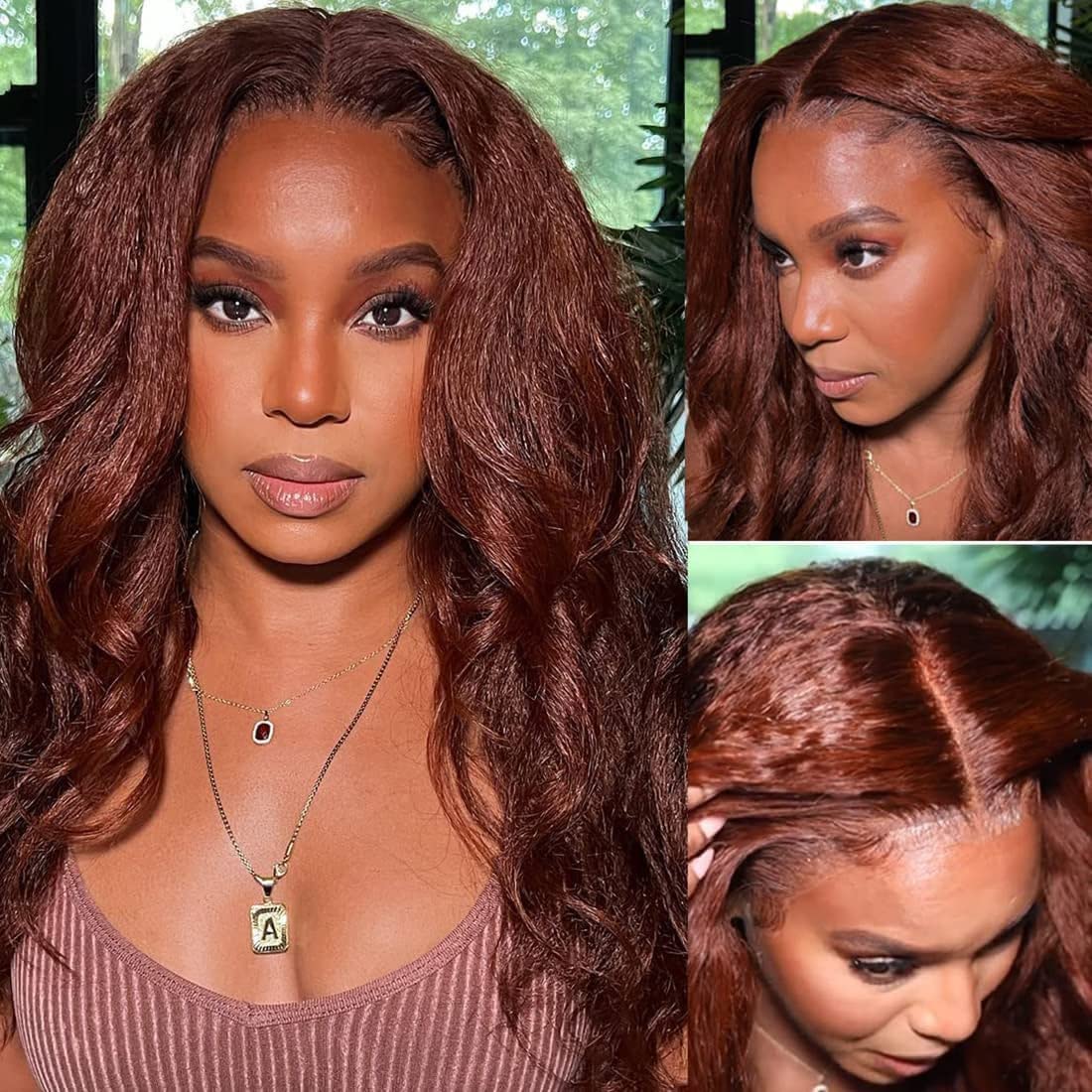 UNICE 12A Reddish Brown Kinky Straight Lace Front Wig 14 Inch Human Hair 180% Density