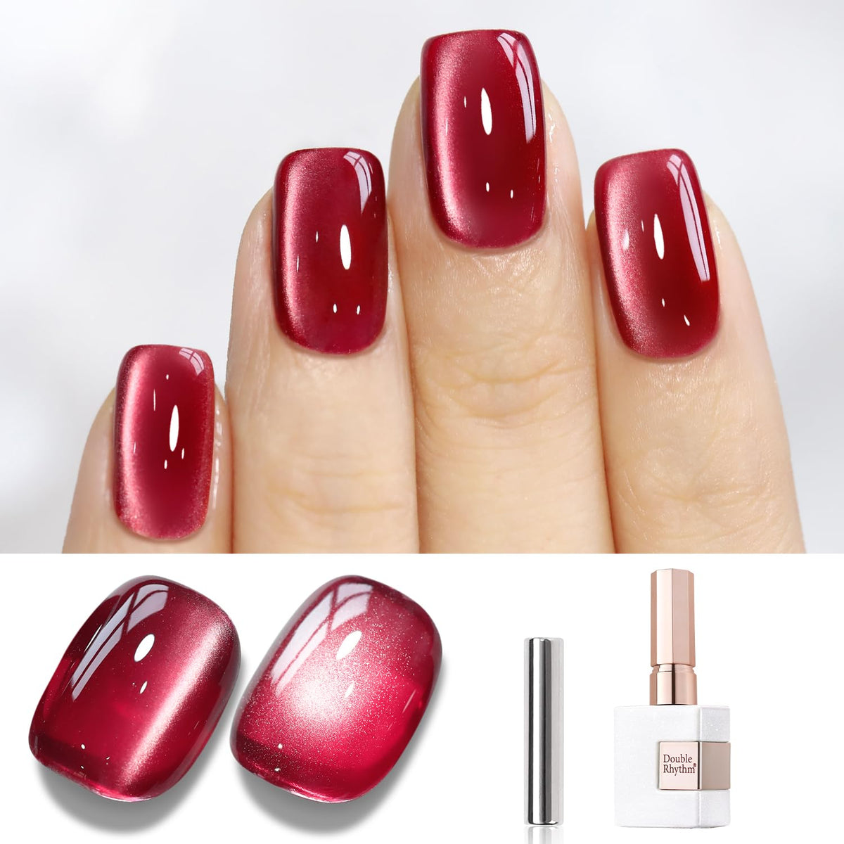 Double Rhythm Holographic Cat Eye Gel Polish - Red 15Ml Magnetic Nail Polish For Diy At Home