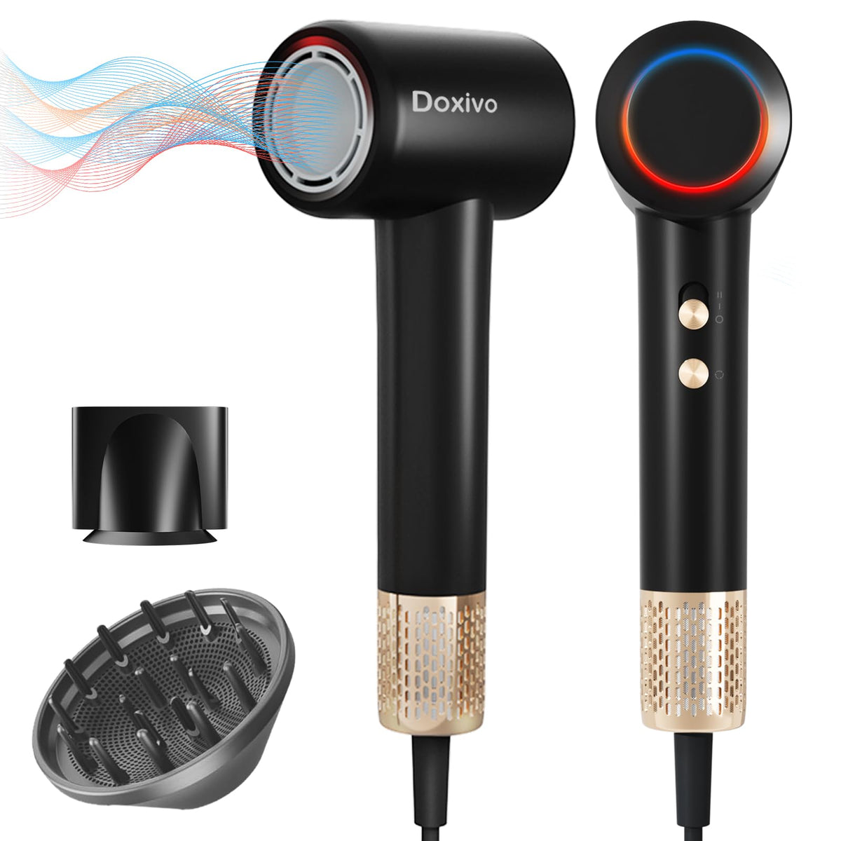 Doxivo Professional Hair Dryer - 130000 Rpm, Low Noise, Ionic, With Diffuser & Nozzle, Black