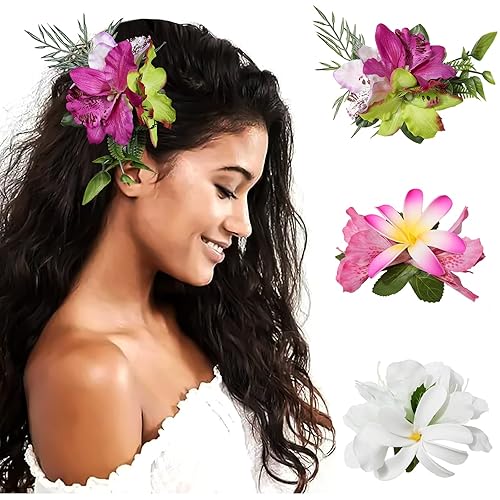 HAIMEIKANG Hawaiian Hair Clips - 3 Tropical Flower Pins in White, Rose Red & Purple for Weddings