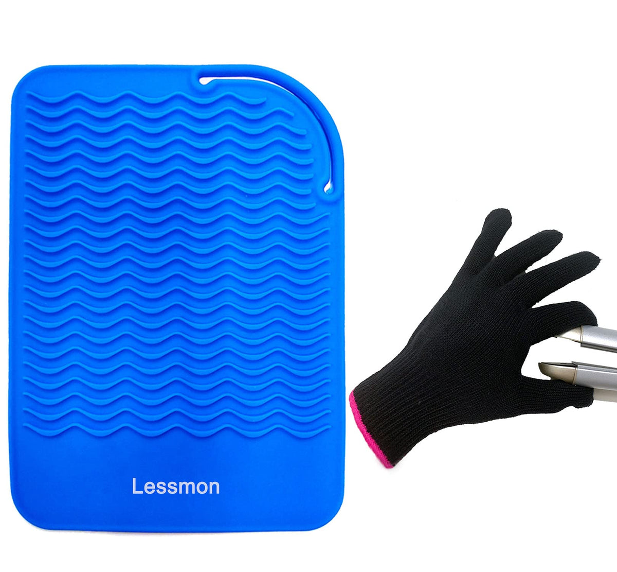 Lessmon Heat Resistant Mat Pad & Glove Set for Curling Irons, 9&quot;x6.5&quot;, Blue Silicone