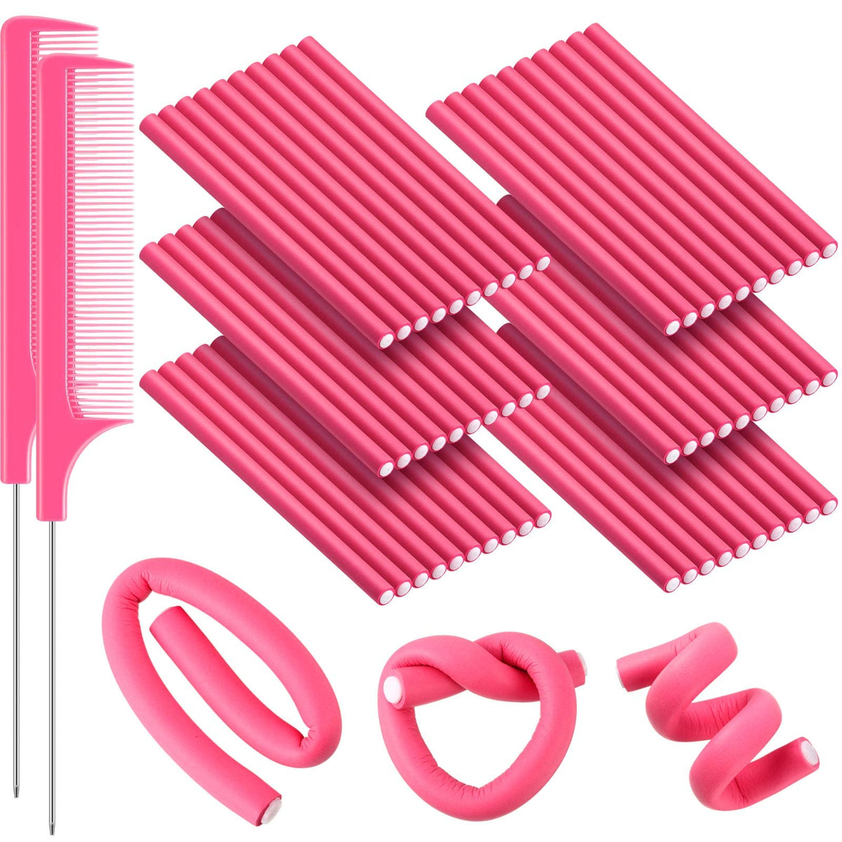 WILLBOND 60 Pieces Flexi Rods Hair Curlers Set, No Heat Foam Rollers for Long Short Hair, Pink