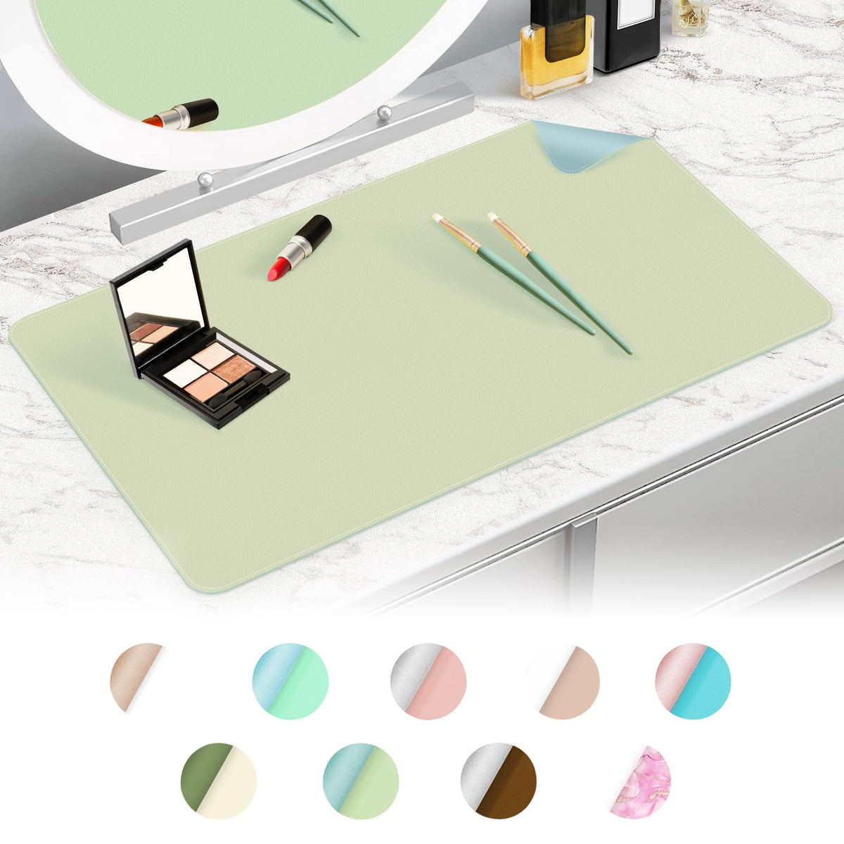 Tohonfoo Dual-Sided Makeup Mat, Waterproof & Oilproof Vanity Desk Protector, 23.6&quot;X11.8&quot;, Sage