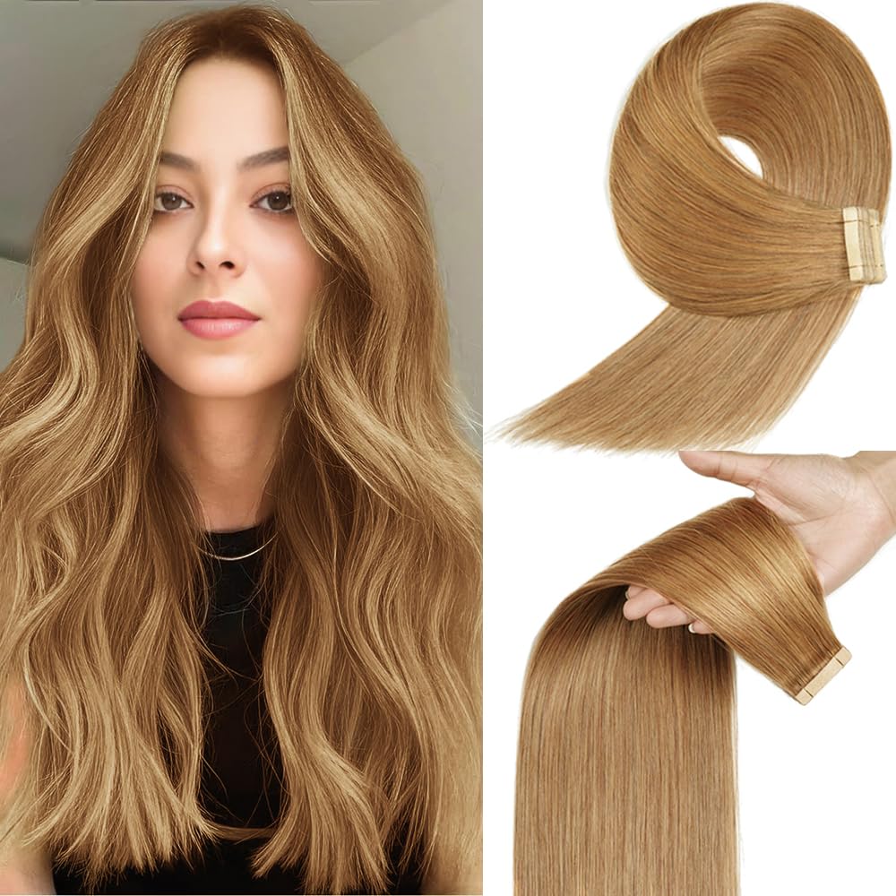 Yddm 24 Inch Honey Blonde Tape In Hair Extensions, 20Pcs Human Hair, Seamless & Invisible