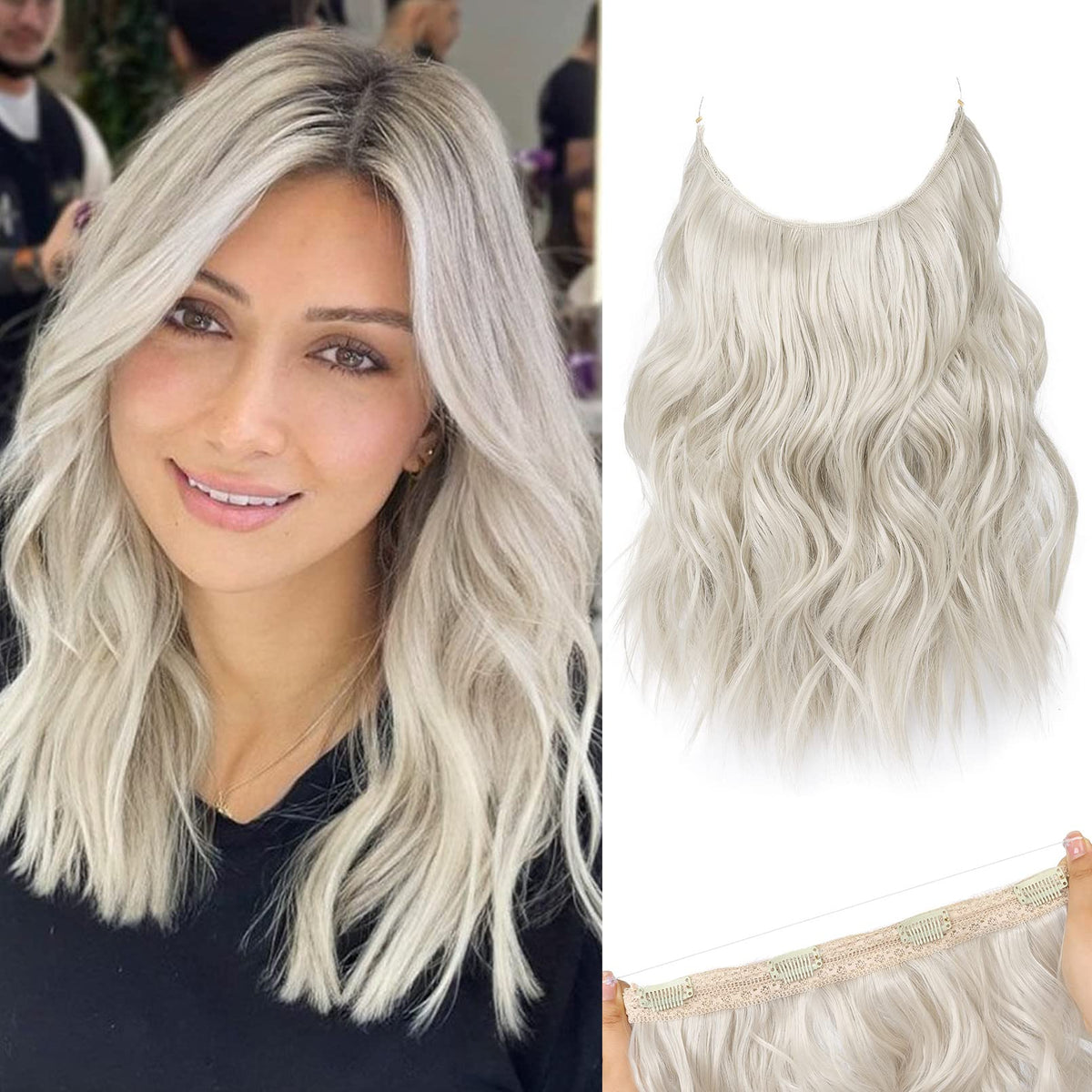 REECHO 12&quot; Invisible Wire Hair Extensions - Platinum Blonde, Soft Lace Weft, Adjustable Clips