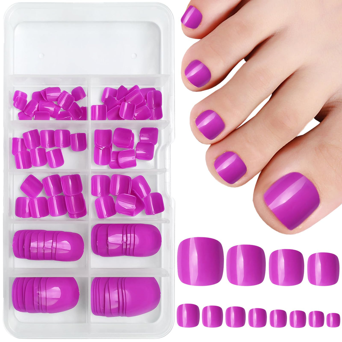 AddFavor 120pc Deep Purple Press on Toenails - Glossy Full Cover Acrylic False Toe Tips with Glue