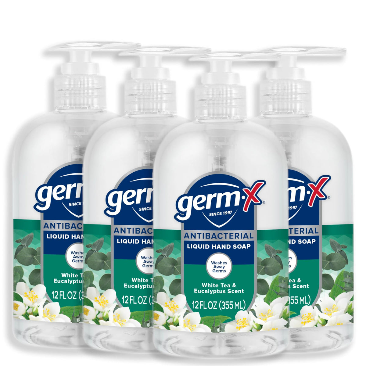 Germ-X Antibacterial Hand Soap, Moisturizing Liquid Wash, White Tea & Eucalyptus, 12 Oz, 4 Pack