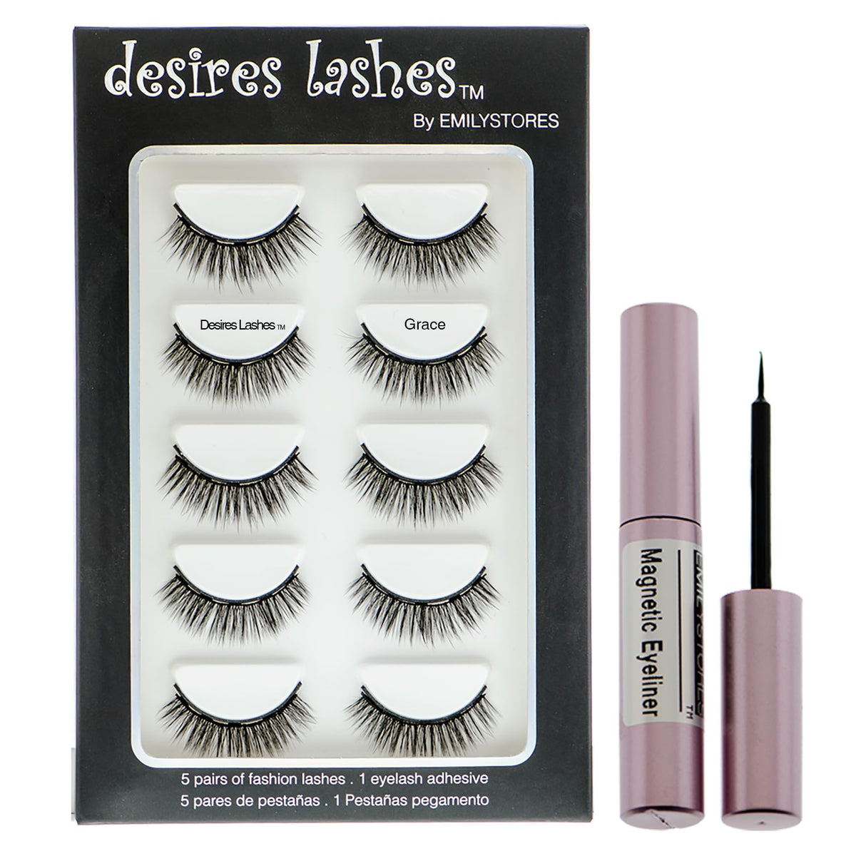 Desires Lashes Magnetic Eyelashes Multipack Kit - 5 Pairs Natural Faux Lashes, Grace, Black