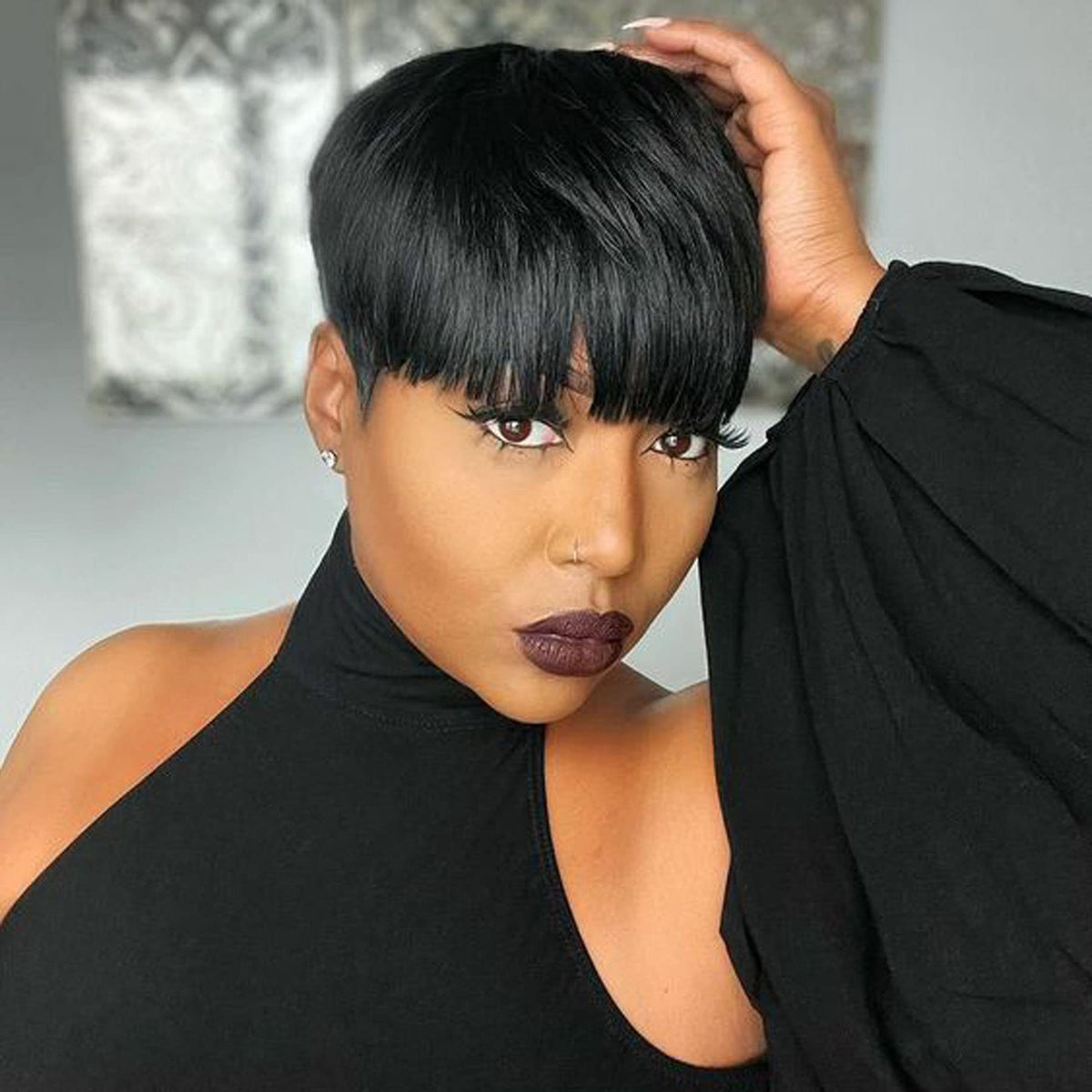 Pangdonglai Short Pixie Cut Wig For Black Women - Human Hair, Glueless, Natural Black