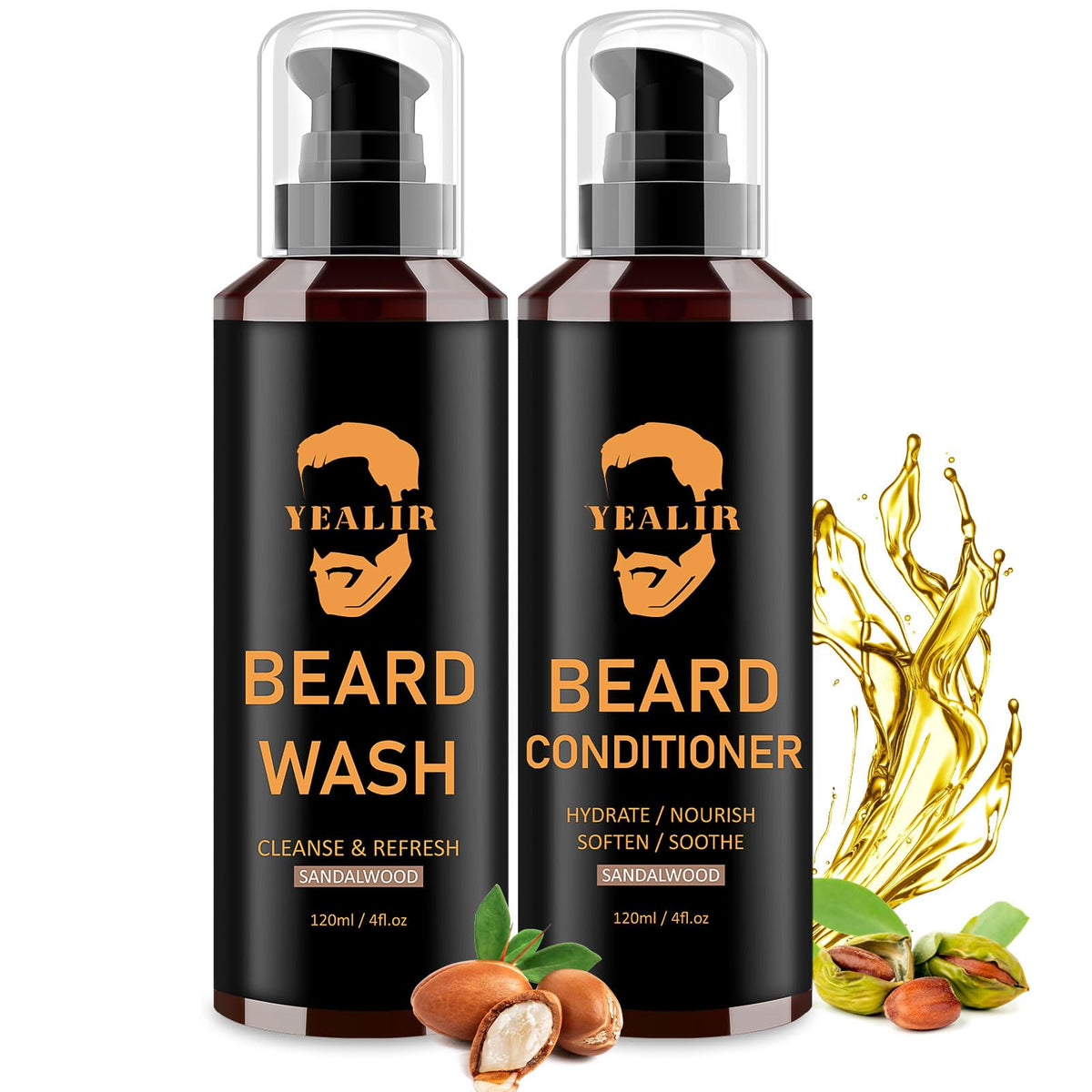 Yealir Beard Wash & Conditioner - Argan & Jojoba Oil, Moisturizing Beard Shampoo For Men, 8 Oz