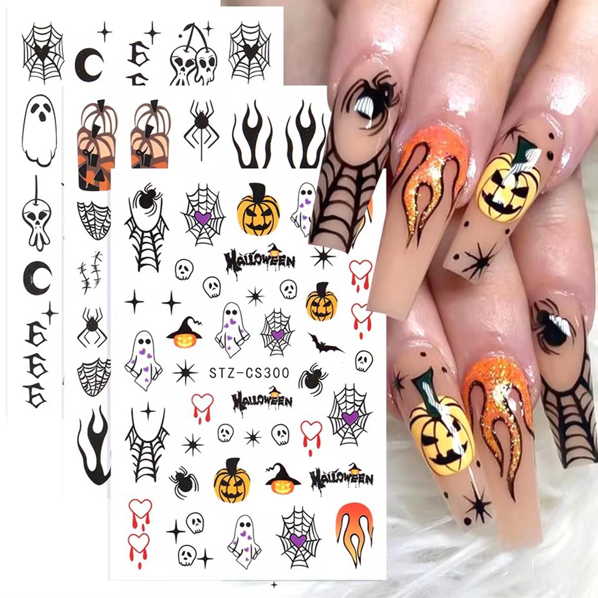 Powpop 3D Halloween Nail Stickers - Spider Web, Ghost, Pumpkin Designs, 6Pcs Nail Decals