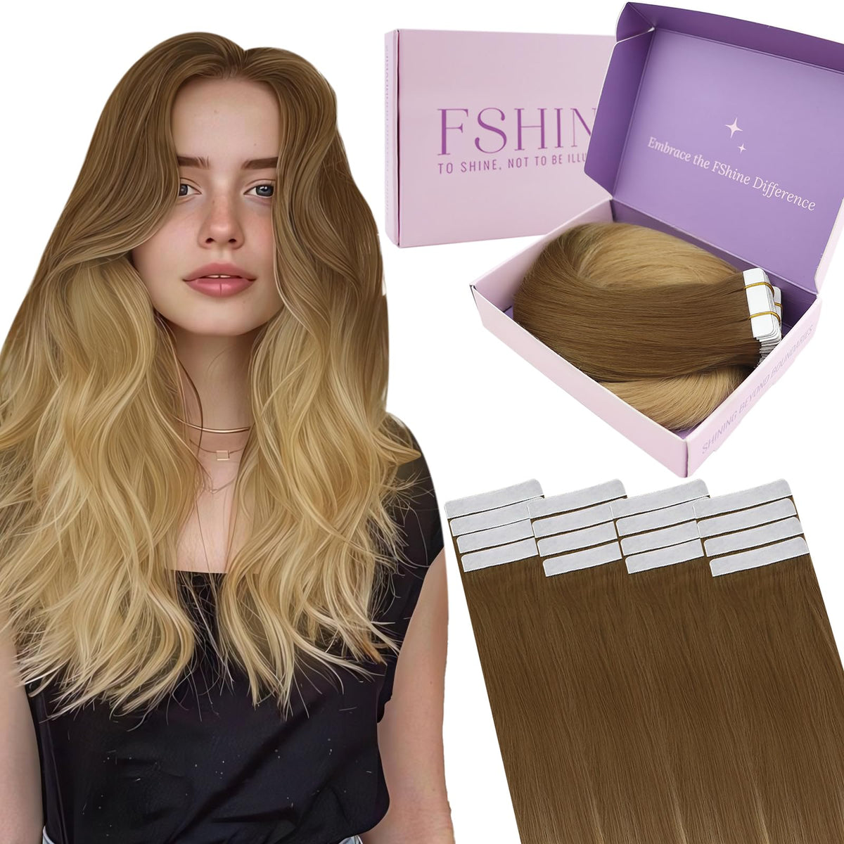 Fshine 18&quot; Balayage Tape In Hair Extensions, Human Hair #10/14, 20Pcs, 50G