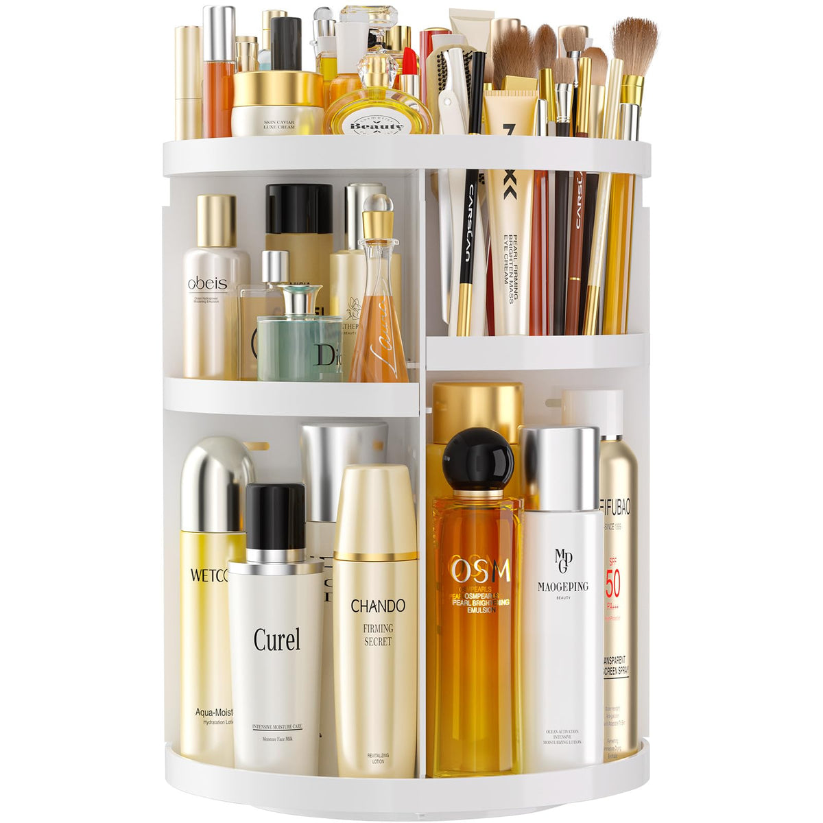 Hemtroy 360° Rotating Makeup Organizer - Adjustable Acrylic Skincare Caddy, White, Large Capacity