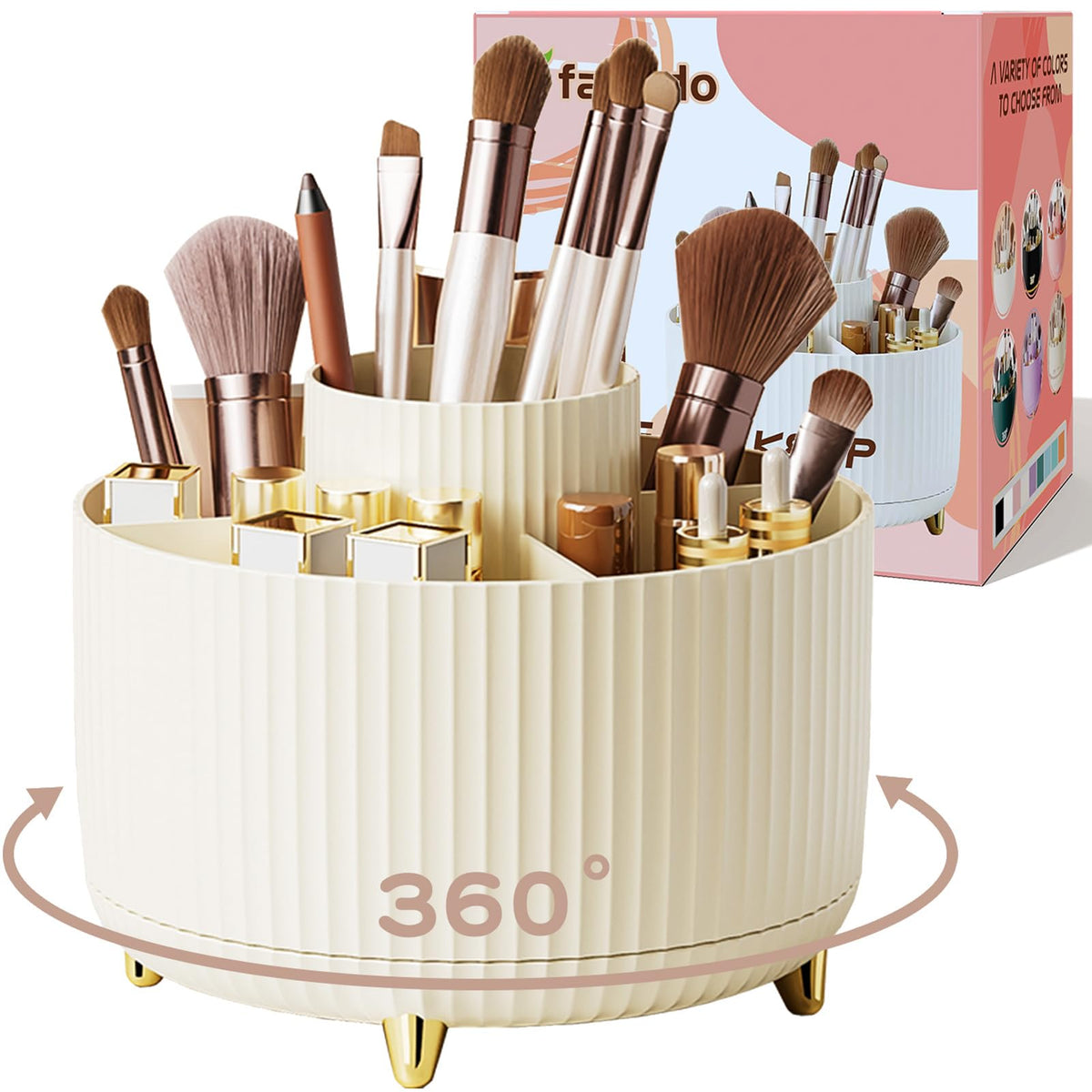 Fanado 360° Rotate Makeup Brush Holder - Ivory Makeup Organizer For Vanity & Bathroom