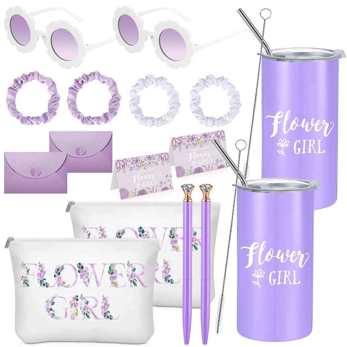 Sieral Flower Girl Proposal Gifts Set - Tumblers, Makeup Bag, Scrunchies & More - Purple, 16 Pcs