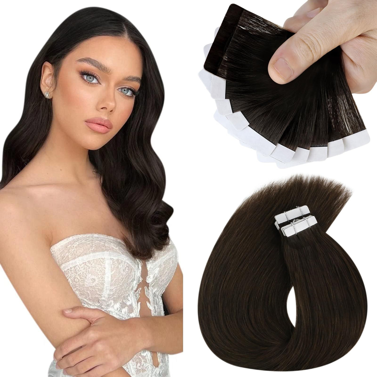 Sunny Hair 14&quot; Darkest Brown Tape-In Human Hair Extensions Remy #2 25G