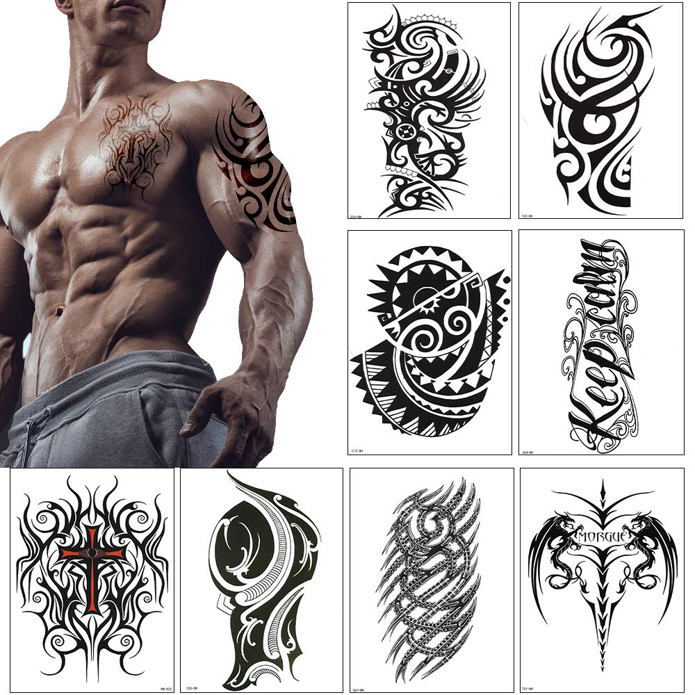 Awlee Large Black Tribal Temporary Tattoos For Men & Women - Waterproof Half Arm Stickers