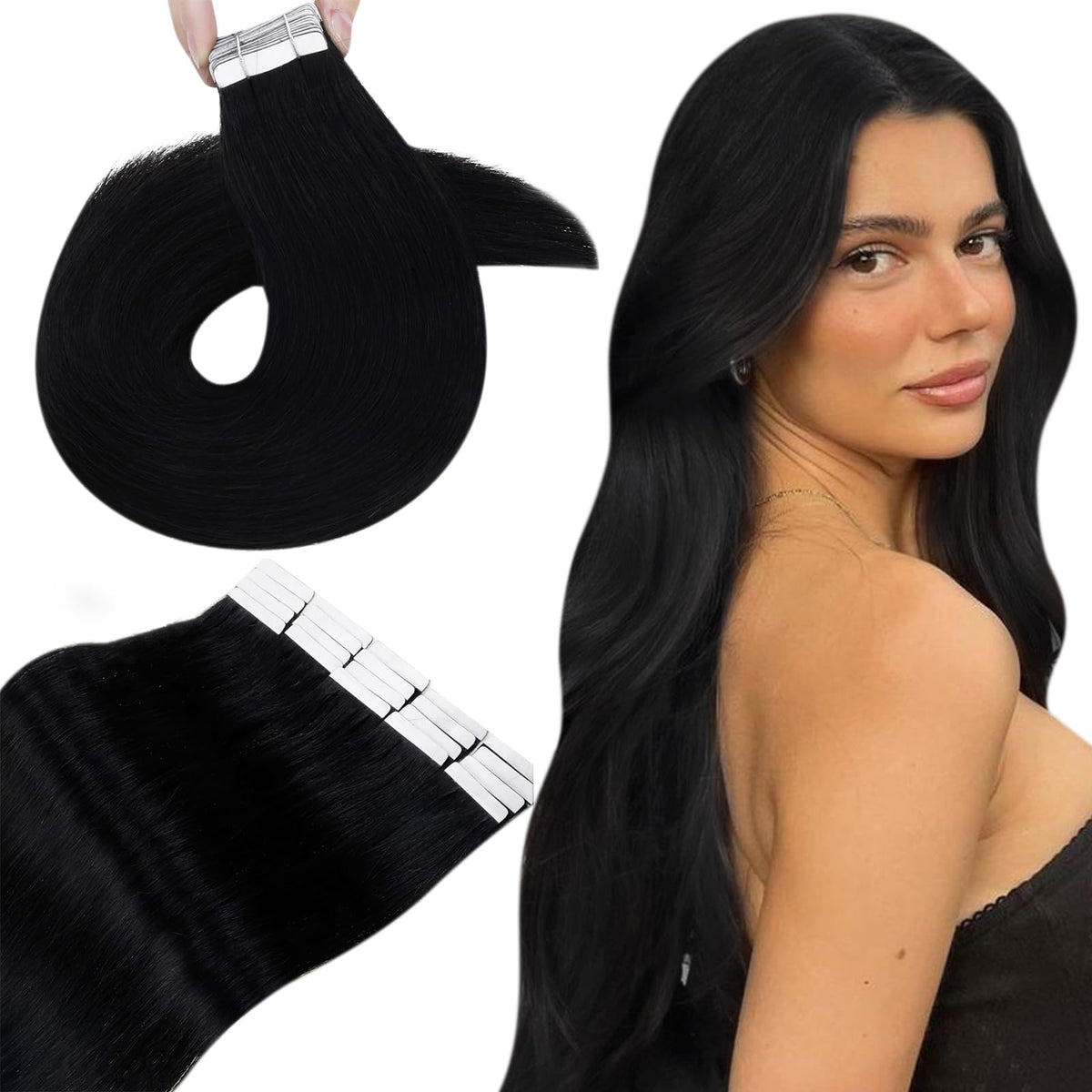 Hetto 24&quot; Tape In Hair Extensions - Jet Black Human Hair, Invisible Double Sided, 50G, 20Pcs