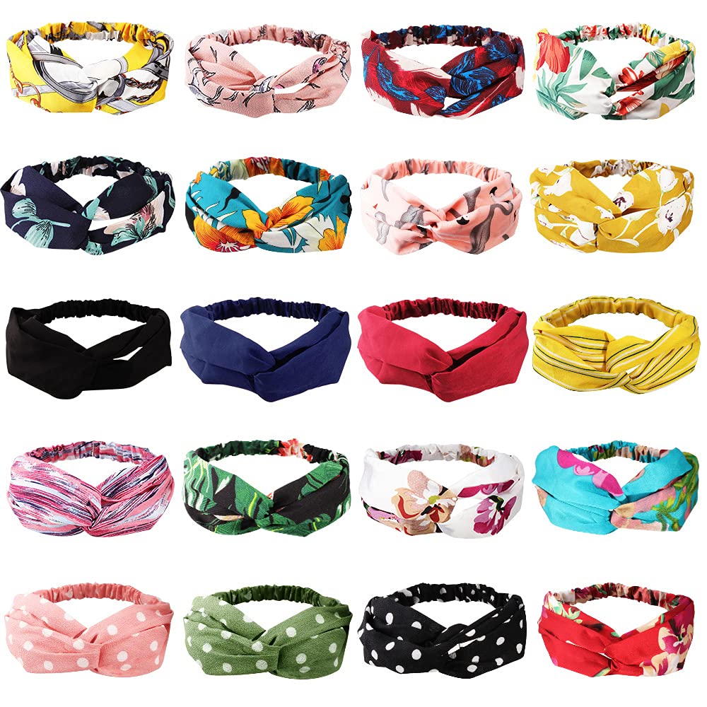 AHONEY 20 Pack Boho Knotted Headbands for Women - No Slip Floral Elastic Hair Wraps