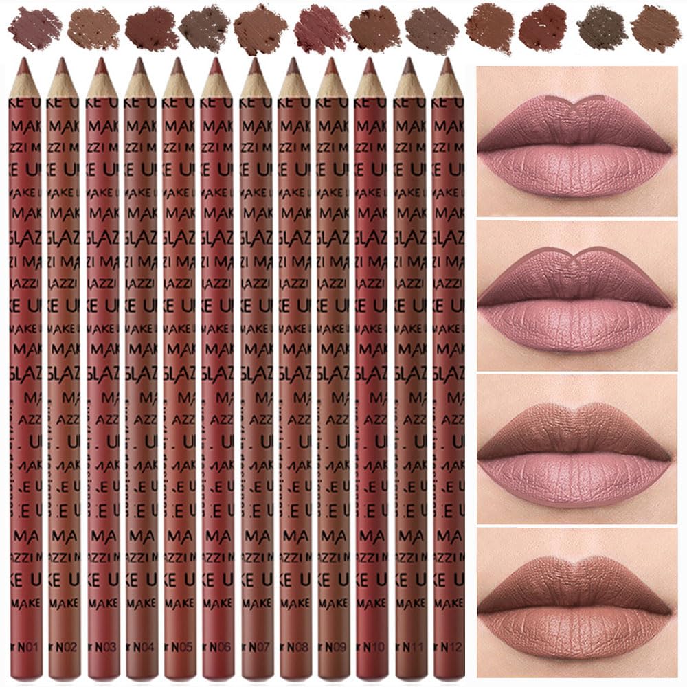 Suake 12 Pcs Lip Liner Lipstick Pencils Set - Natural Nude Brown Beige, Waterproof Makeup